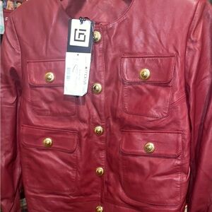 MACY’S FURNIQ UK NAPPA RED LEATHER MOTORCYCLE JACKET SZ 12